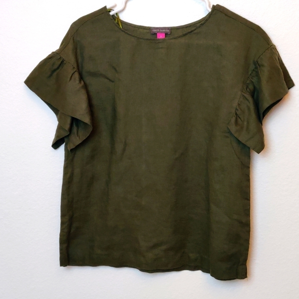 Vince Camuto 100% Linen Top Short Sleeves Small Olive green